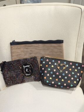 Set of 3 Cosmetic Pouches - Glitter, Heart Print & Neutral Zip